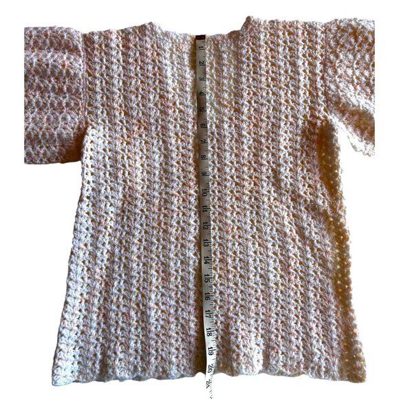 Vtg Hand Crocheted Top Women’s Puff Sleeves white Yellow Peach Glitter Yarn - Picture 3 of 9